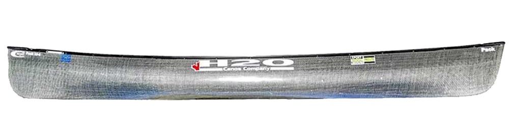 Side view of H2O Canoe pack boat in all silver exterior with H2O logo on the side