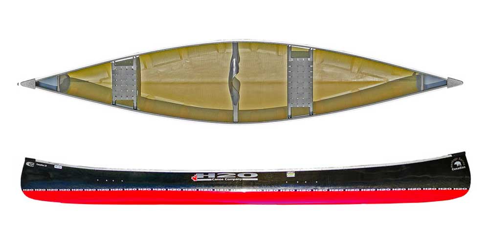 Black and red canoe from H2O Canoe Company